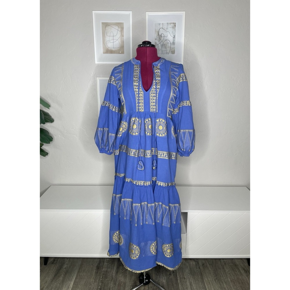 Pearl & Caviar Zakar Maxi Dress Women's XS/S Embroidered Blue Yellow Cotton